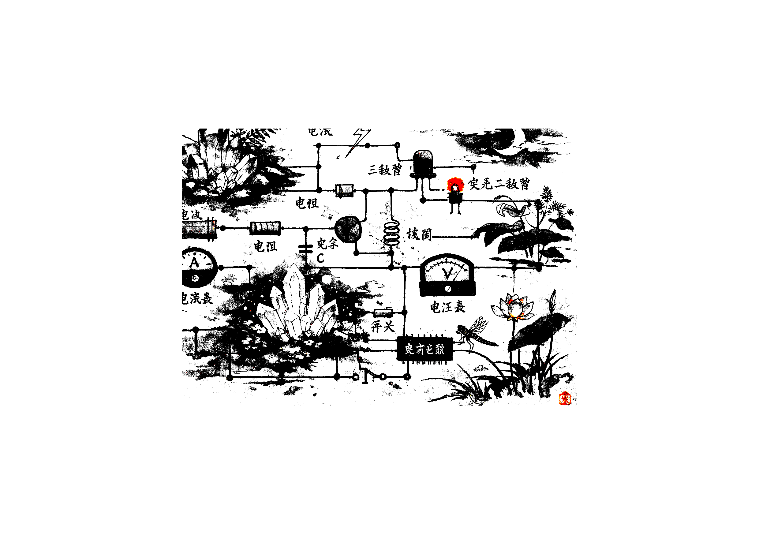 Sign language. A structure made of minerals, plants, electronic components, and grasses; an insect flies through the scene.Zeichensprache. Ein Gebilde aus Mineralen, Pflanzen, elektronischen Bausteinen, Gräser, ein Insekt fliegt durch die Szene.